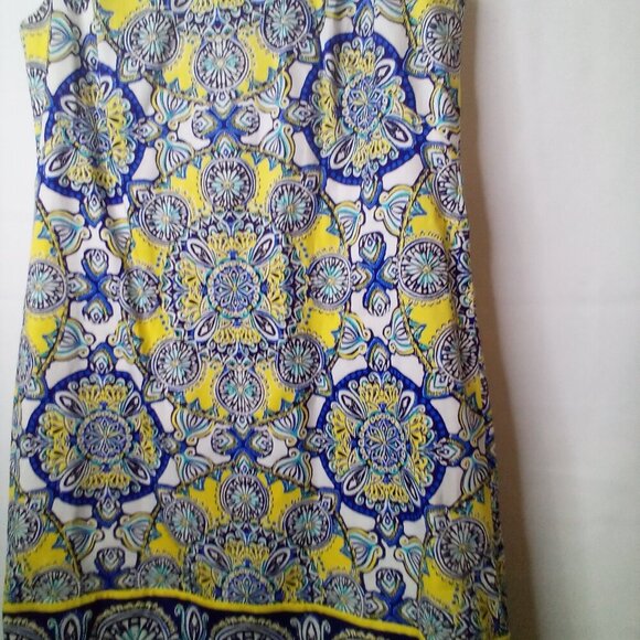 London Times Dress Women 6 Sleeveless Pattern Back Zip Yellow Blue - Picture 6 of 12